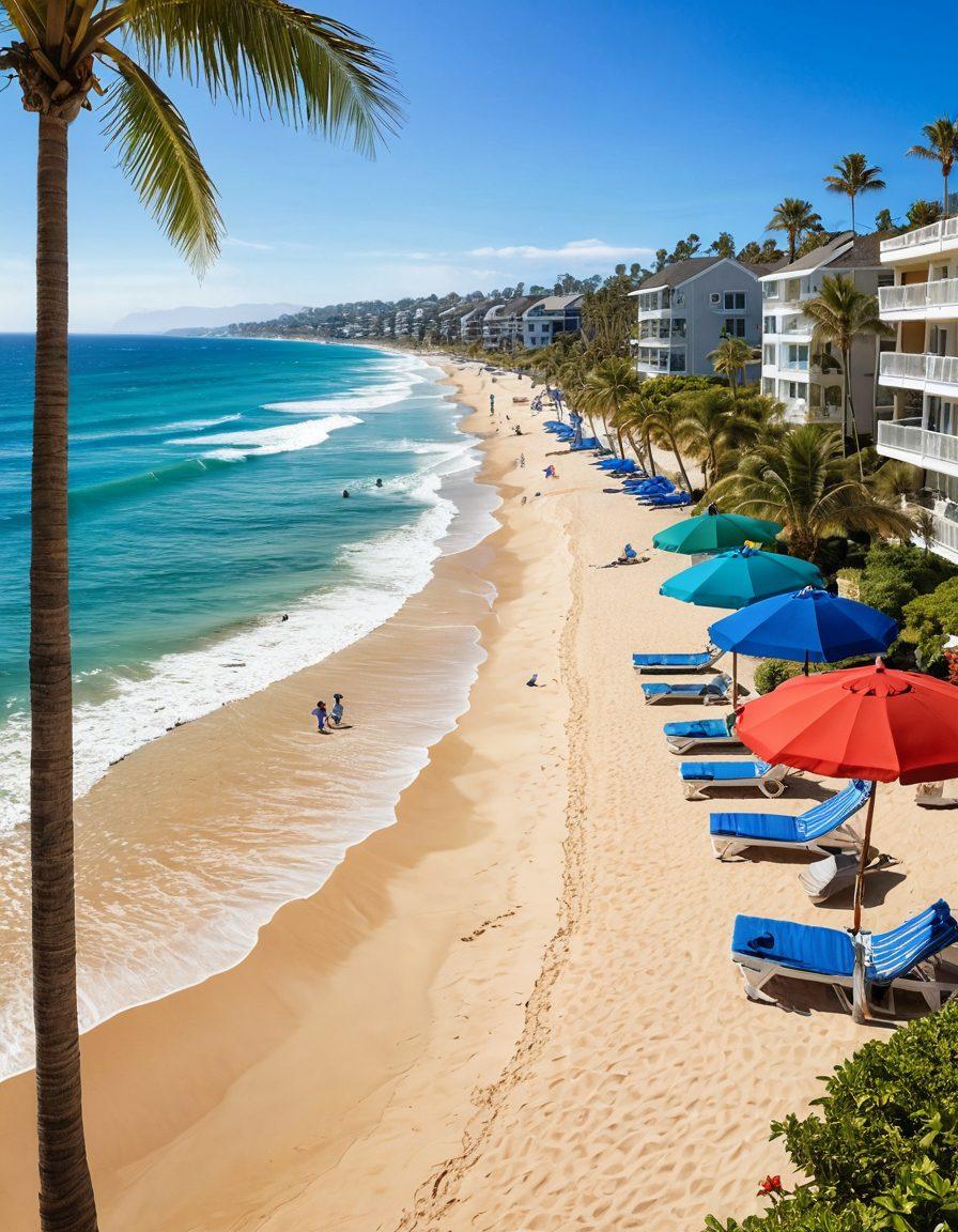 A picturesque beach scene featuring a vibrant ocean view apartment on the left, balanced by a cozy family-friendly resort on the right, with families enjoying the beach in between. In the background, palm trees sway under a clear blue sky, vibrant beach umbrellas dot the sandy shore, and playful waves crash gently. The scene is lively yet tranquil, inviting viewers to imagine their perfect vacation. super-realistic. vibrant colors. sunny weather.