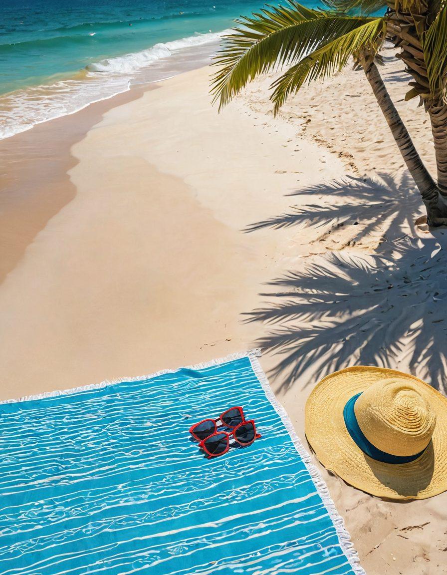 A stunning beach landscape featuring crystal-clear turquoise waters and soft white sandy shores under a bright blue sky. In the foreground, a vibrant array of stylish swimwear laid out on a colorful beach towel, with a sunhat and sunglasses nearby. A palm tree sways gently in the background, casting playful shadows on the sand. Lively beachgoers can be seen enjoying the sunshine, splashing in the waves. super-realistic. vibrant colors. 3D.